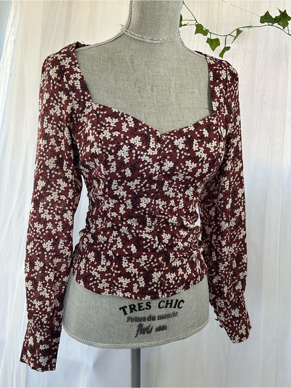 Abercrombie & Fitch Burgundy Floral Square-Neck Long Sleeve Blouse